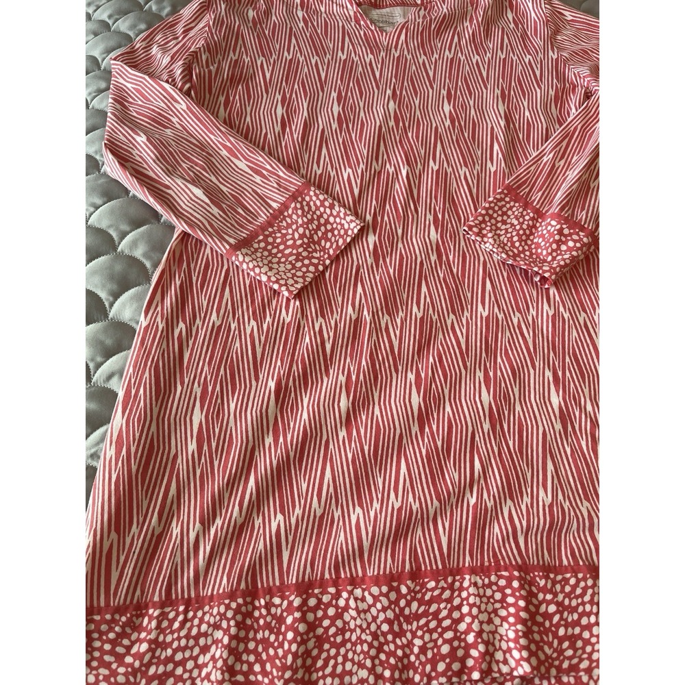 Coolibar Y Neck Sun Protection Coral Medium Print Stretch Shift Dress Coverup - Picture 3 of 6